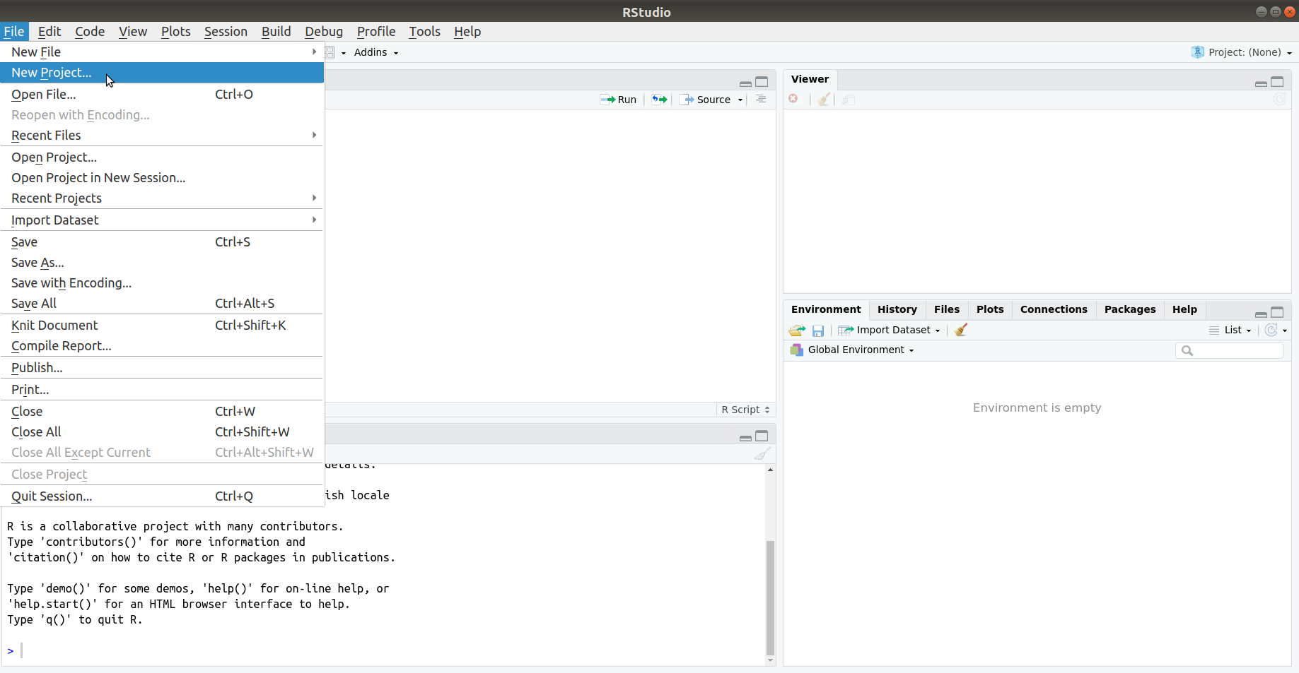 An image of an empty RStudio workspace where a user is selecting 'File' then 'New Project...' on the top toolbar to create a new project.