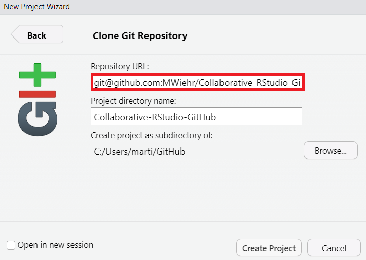 An image of the settings for the Clone Git Repository highlighting the first text box since this is where the URL of the GitHub repository should go.