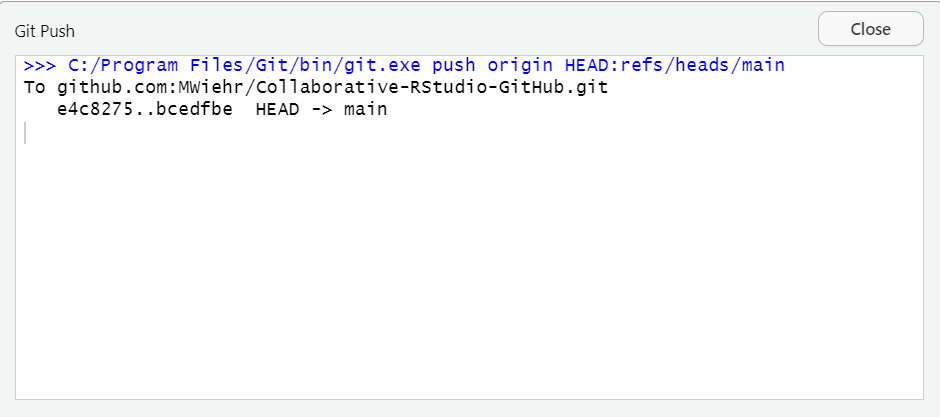 An screenshot showing the message one would receive if the push action was successfully completed.