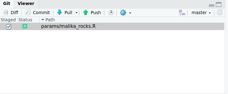 An image of the 'Git' tab in RStudio where the copied file is selected.