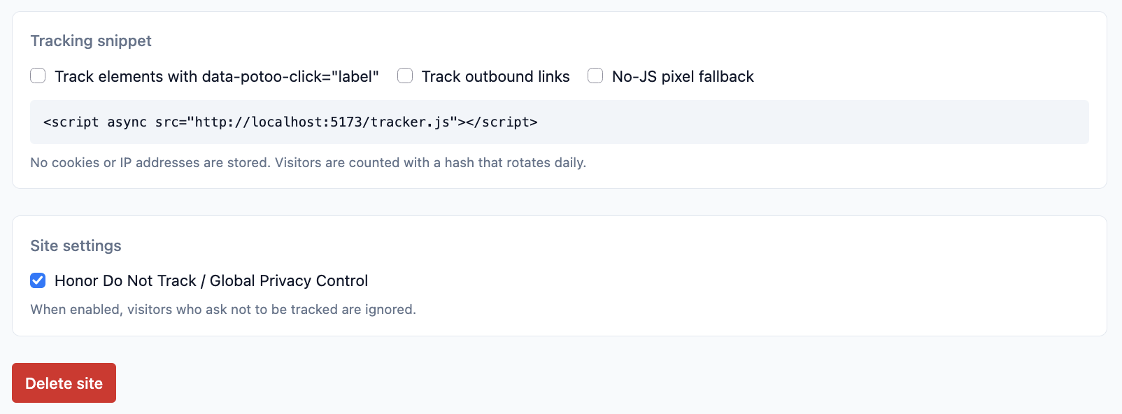 A site's page: its snippet and settings