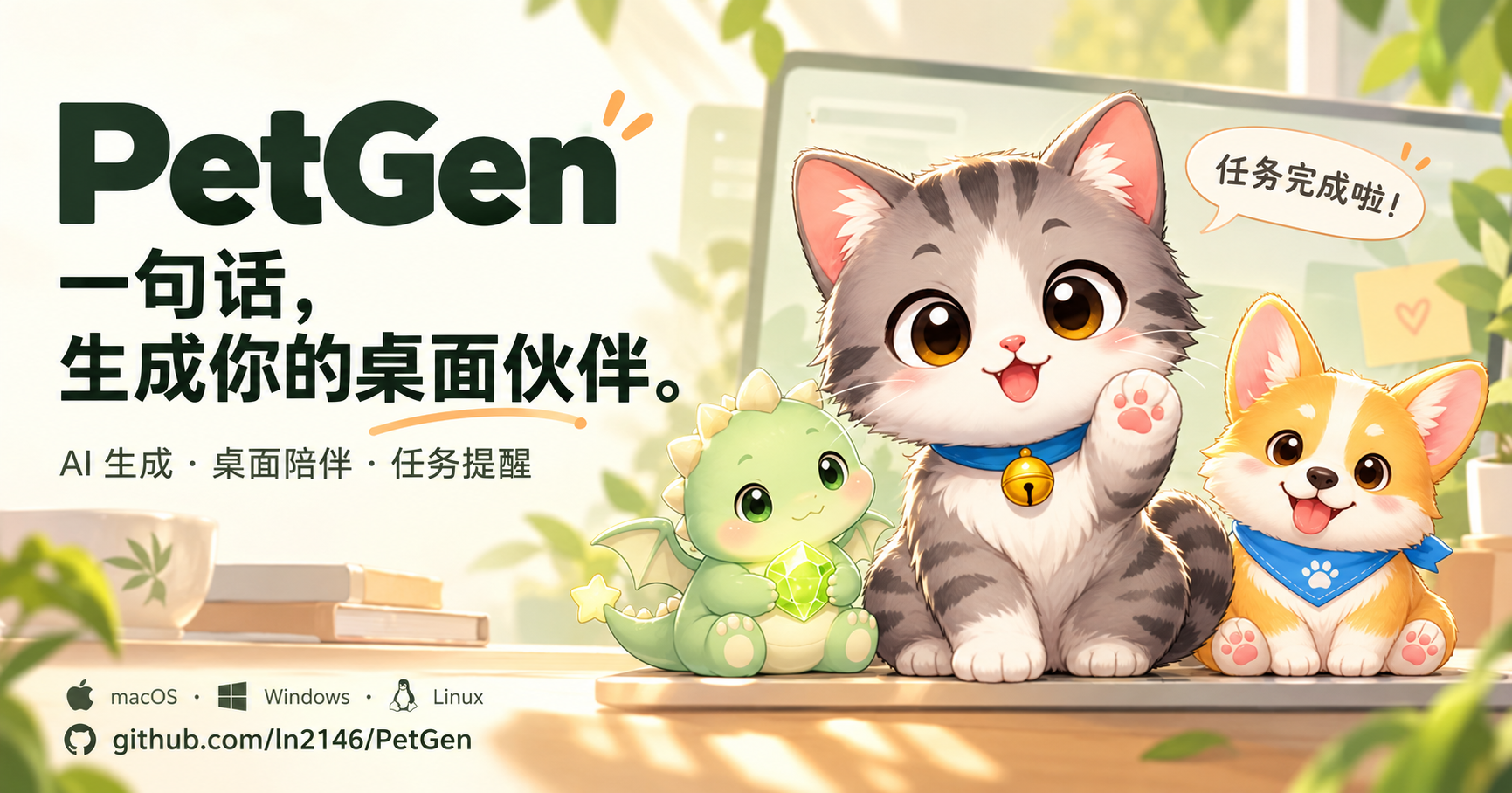 PetGen：一句话，生成你的桌面伙伴。AI 生成、桌面陪伴与任务提醒。