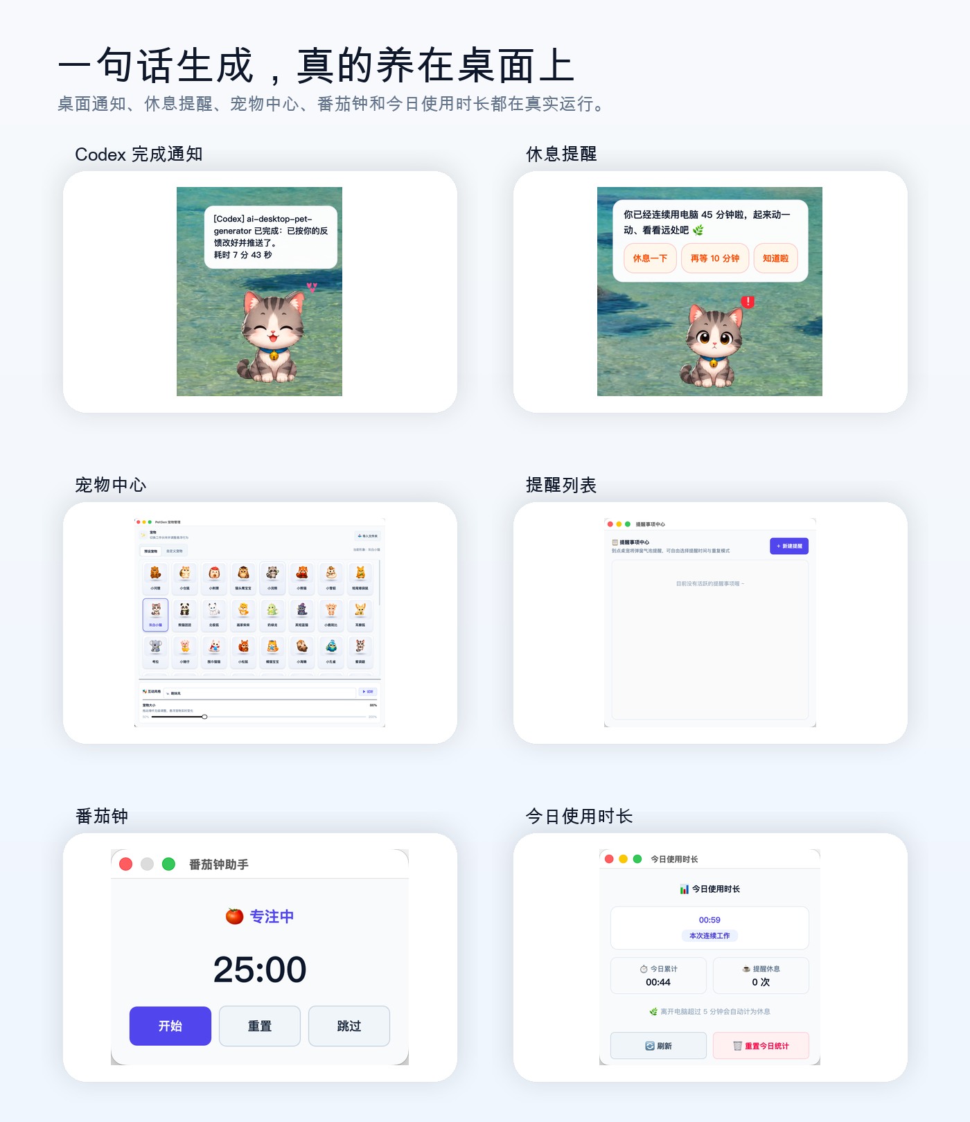 AI 桌面宠物生成器：桌面通知、休息提醒、宠物中心、提醒列表、番茄钟和今日使用时长六宫格展示