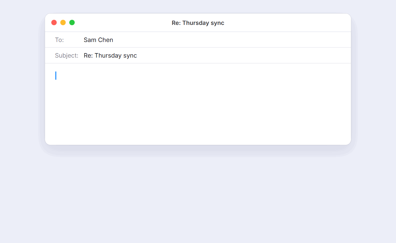 Dictating an email: Lipwise turns “um so the meeting is on tuesday no wait thursday at ten new paragraph can you bring the slides question mark” into two clean sentences, then translates the selected text to Spanish on command.