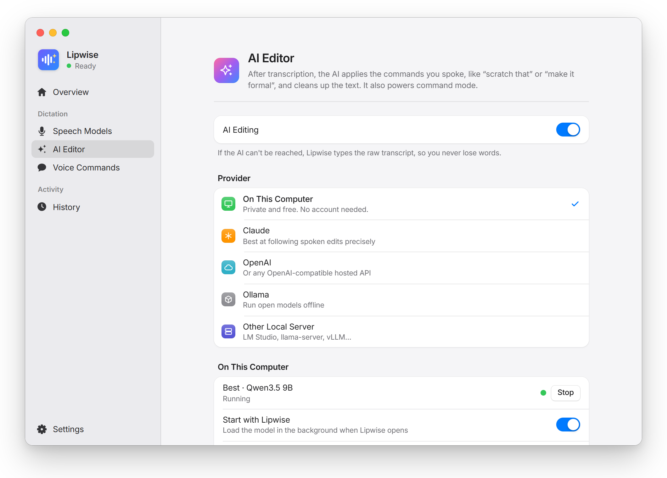 AI Editor: run the AI on this computer or use Claude, OpenAI, Ollama or a local server