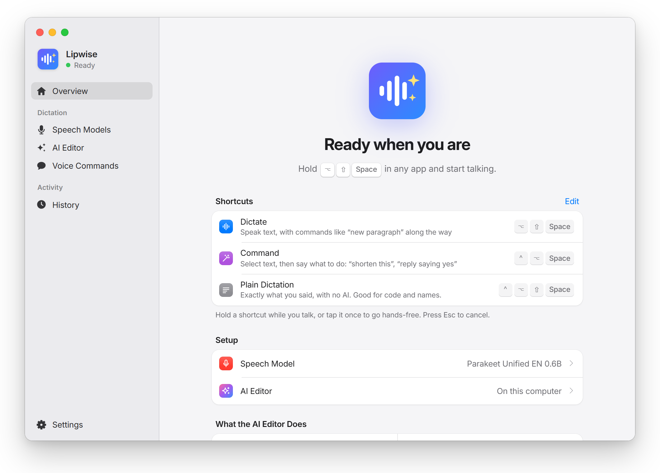 Lipwise overview: ready status, shortcuts, and the speech model and AI editor in use