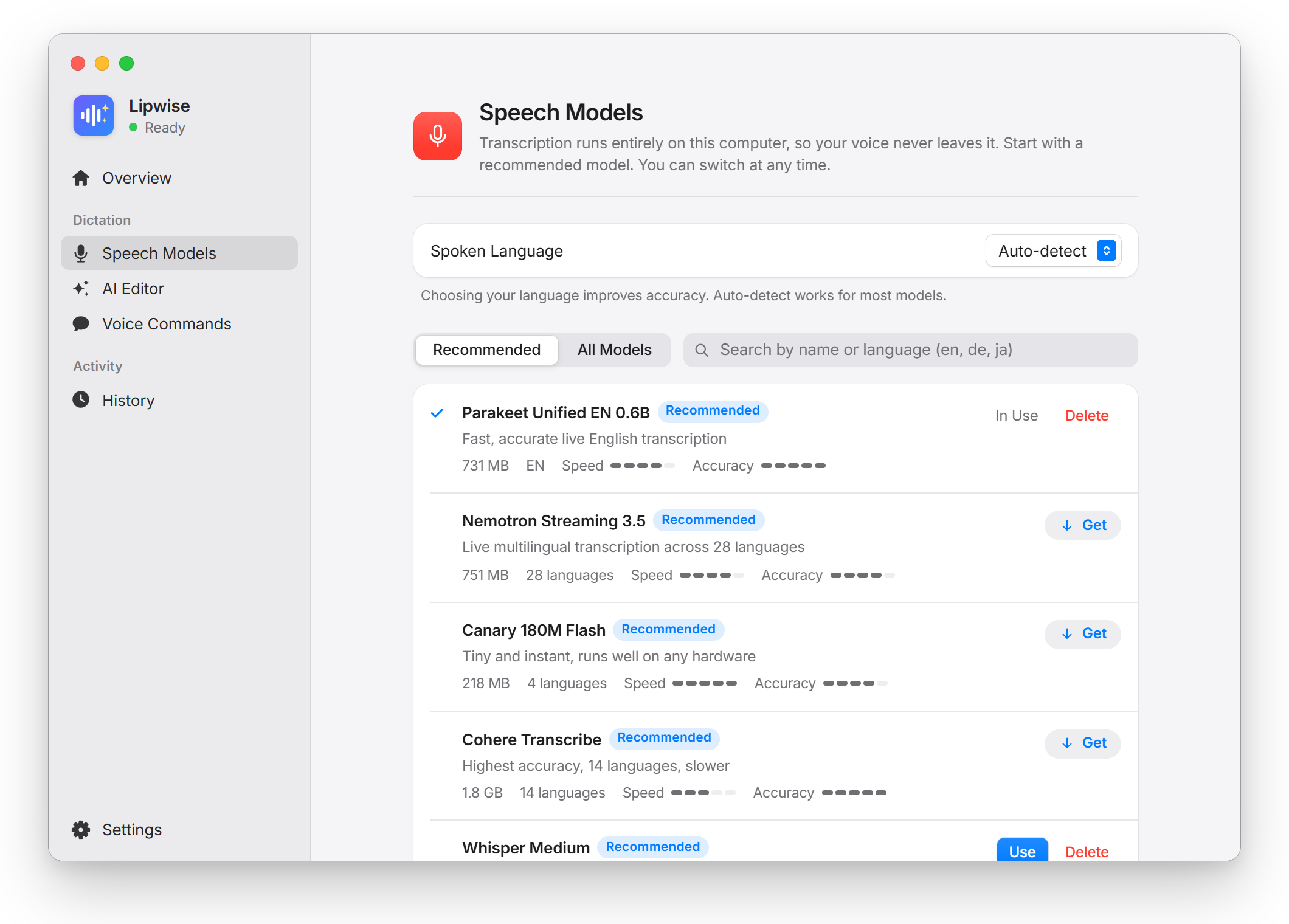 Speech Models: recommended models with size, languages, speed and accuracy