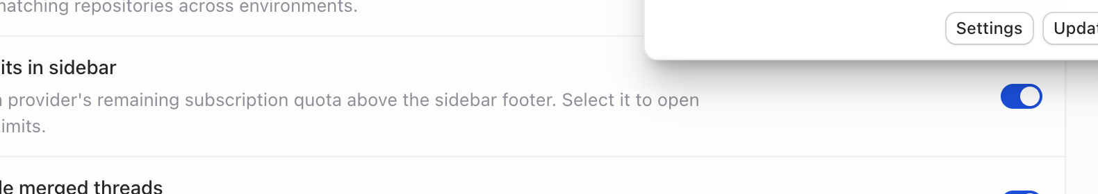 Usage limits in sidebar toggle under Settings → General