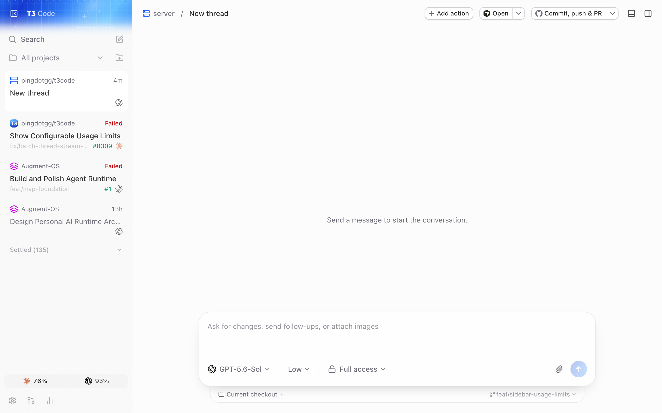 Chat view with the pill in the sidebar footer
