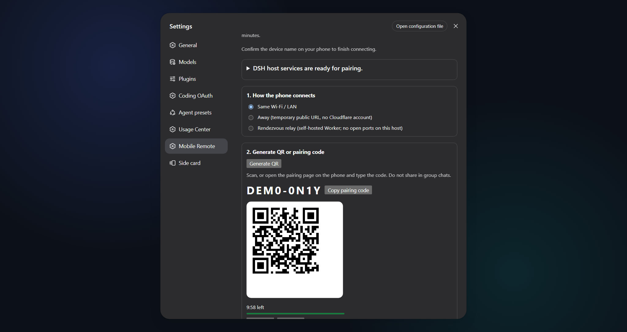Desktop settings — pairing offer with QR and PIN