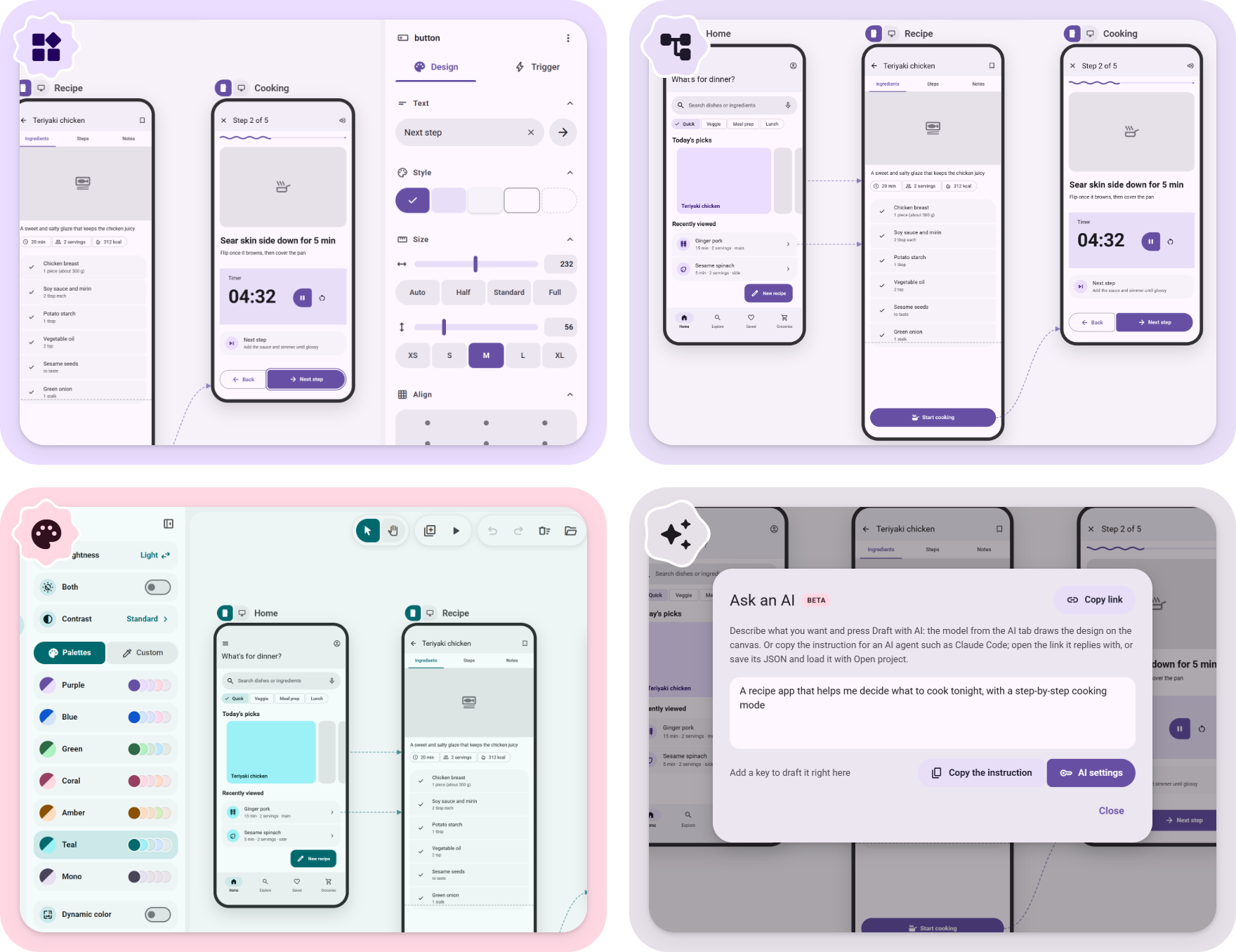 Four features: a part's own panel, linked screens, the colors panel and the Ask an AI dialog
