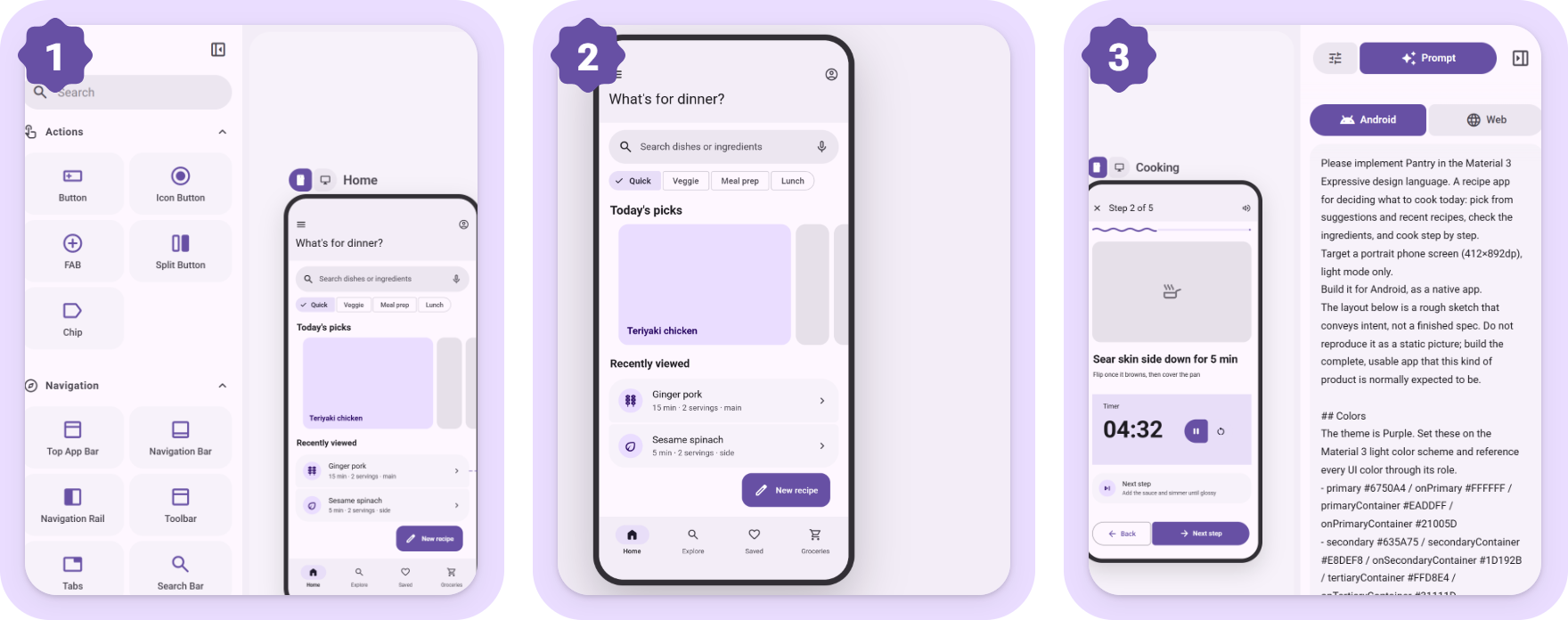 The three steps: building a screen from the parts panel, tapping through it in the preview, and copying the prompt