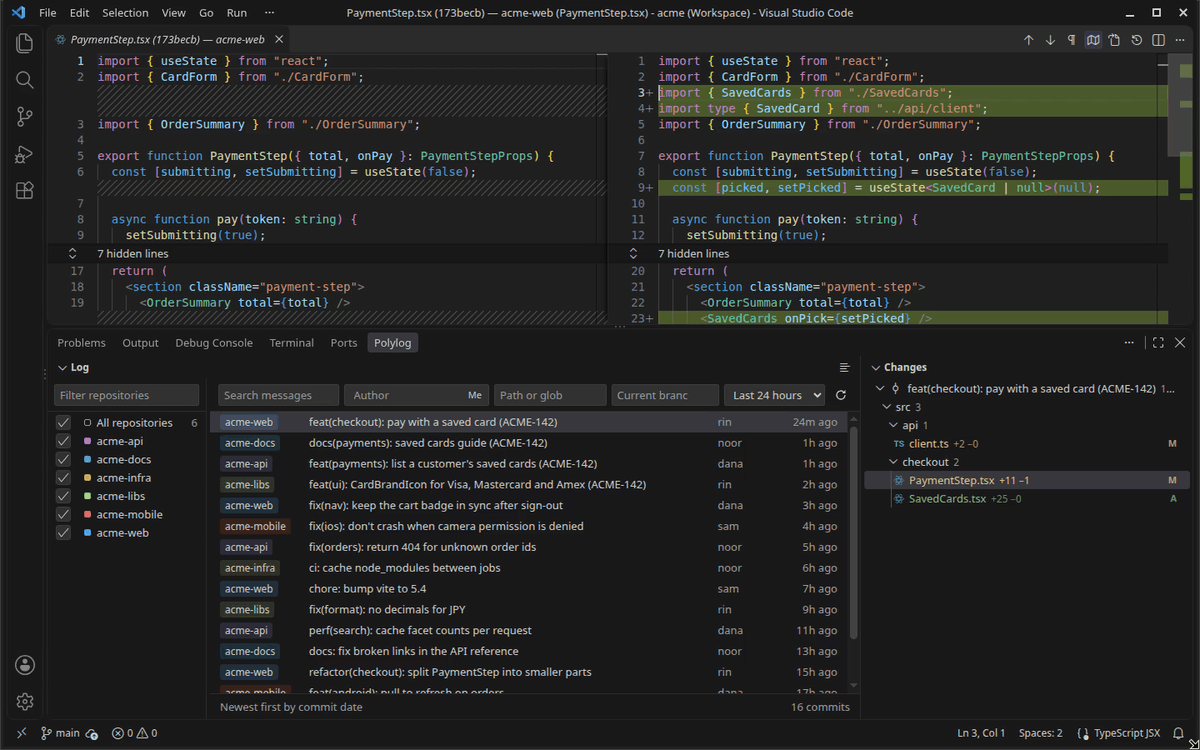 Polylog: one search finds a ticket's commits in four repositories, and each opens in the native diff editor