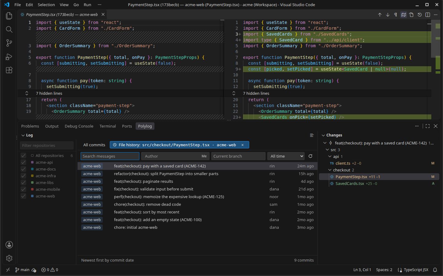 File History for one file, following renames, with the diff following the selection
