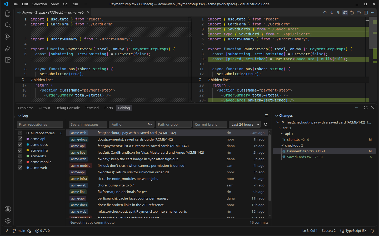 The merged log of six repositories, with a commit's diff open in the editor