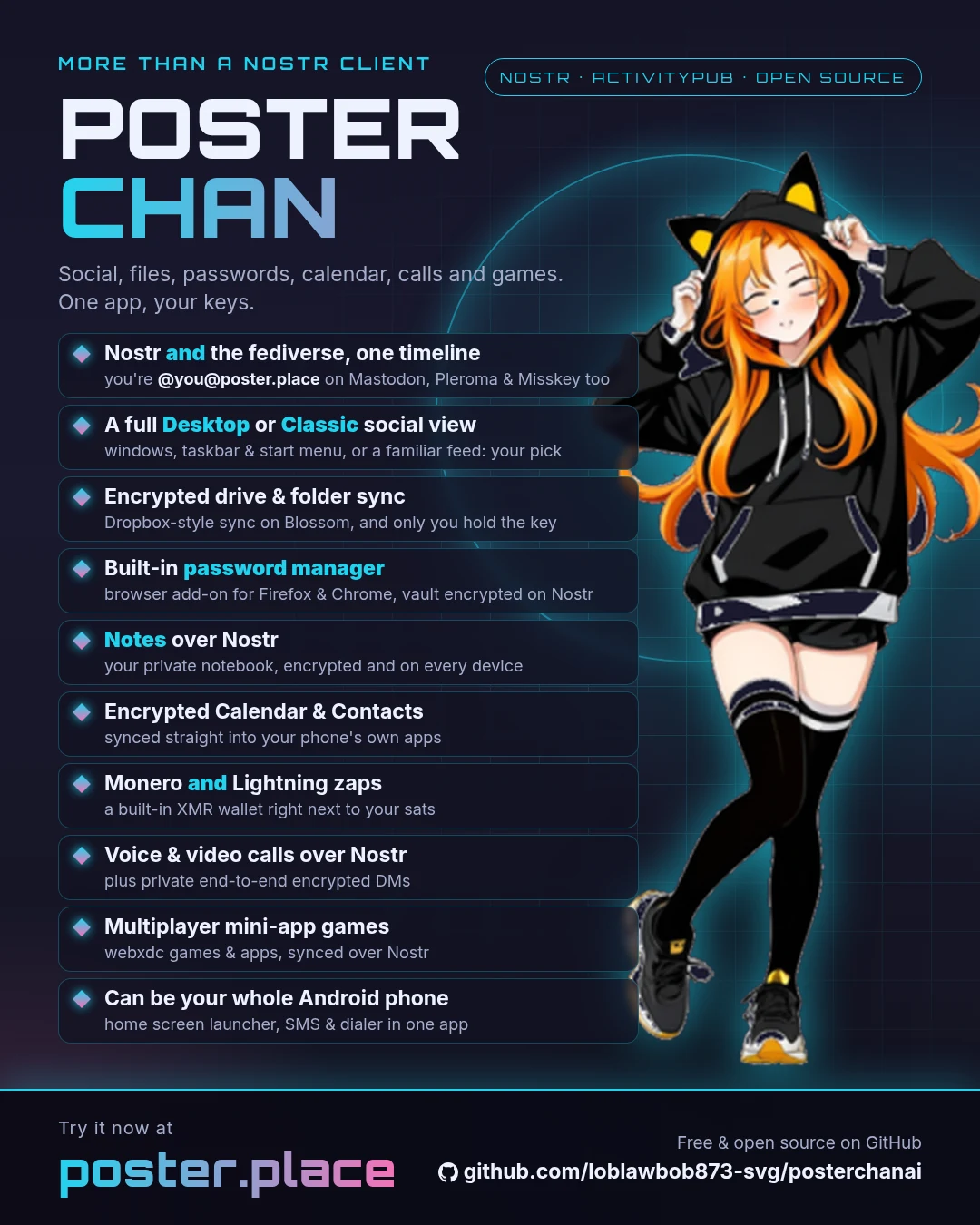 PosterChan — more than a Nostr client: Nostr and the fediverse in one timeline (you are @you@poster.place on Mastodon too), full Desktop or Classic view, encrypted drive and folder sync, password manager, Notes over Nostr, calendar and contacts, Monero and Lightning zaps, calls, mini-app games, Android phone mode