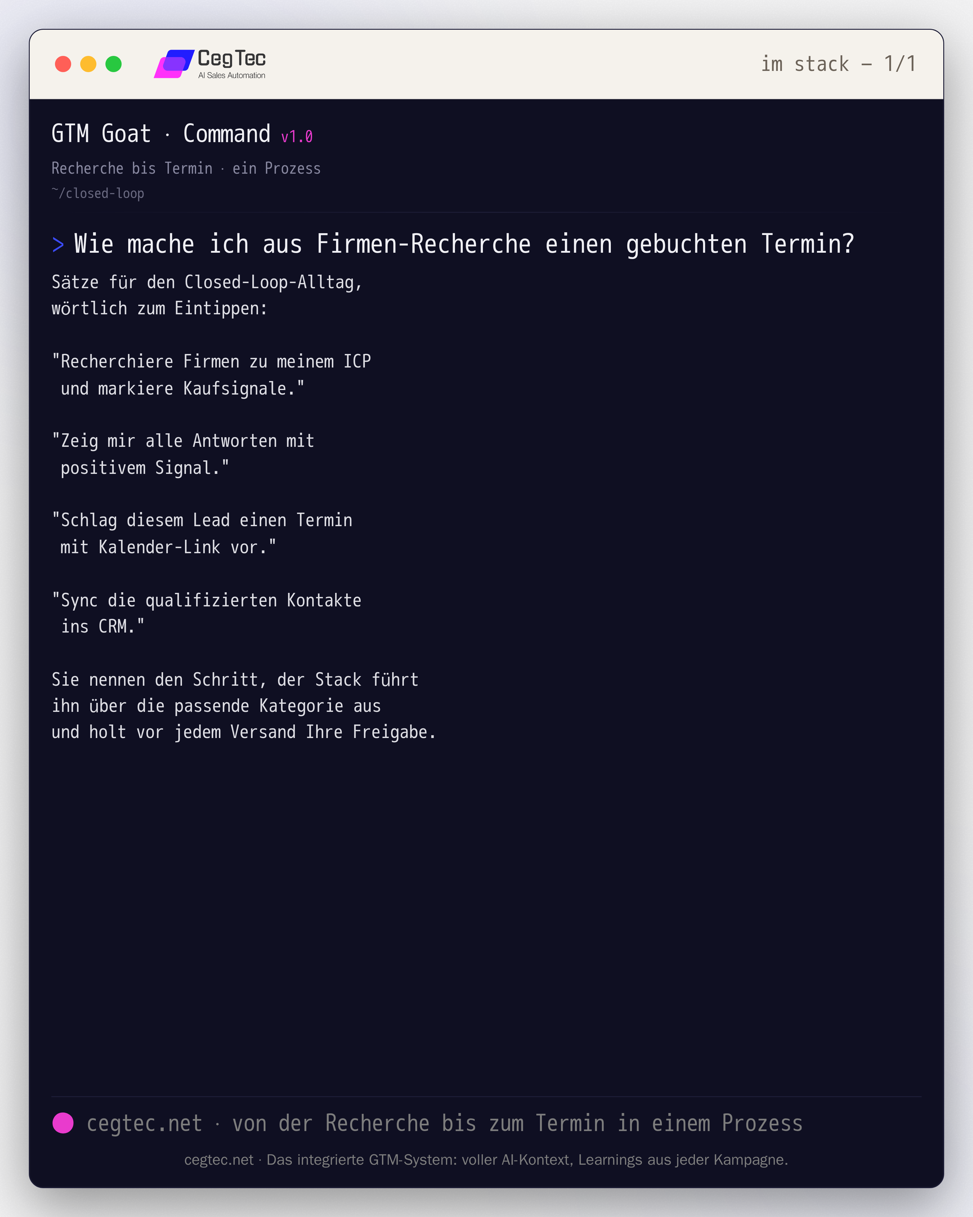 GTM-Command-Beispiel: den Closed Loop von Recherche bis Termin über den Stack steuern