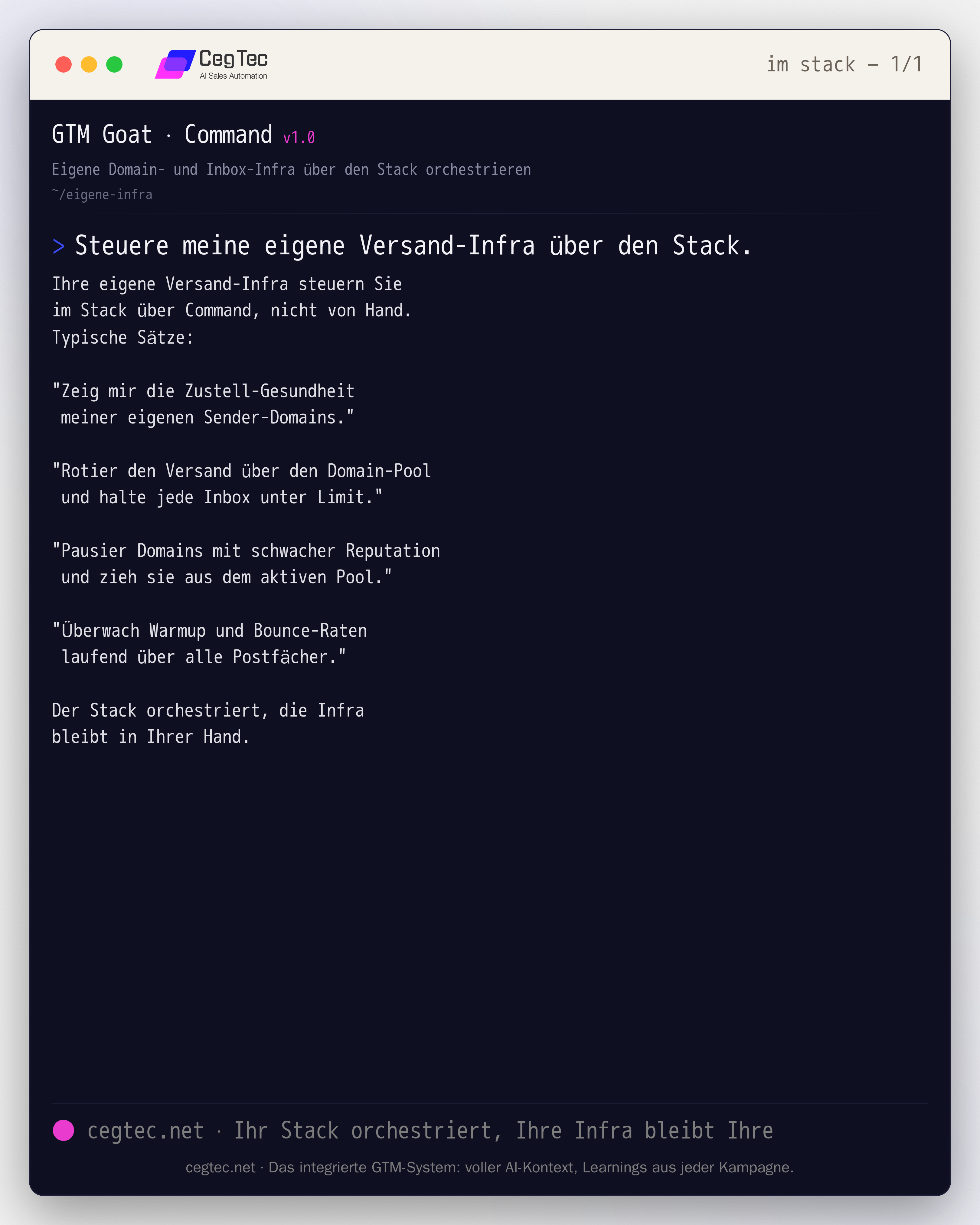 Prompt-Card: eine Orchestrierungsschicht steuert die eigene Domain- und Inbox-Infrastruktur ueber gesprochene Kommandos an, rotiert den Versand-Pool und ueberwacht Warmup und Bounce-Raten