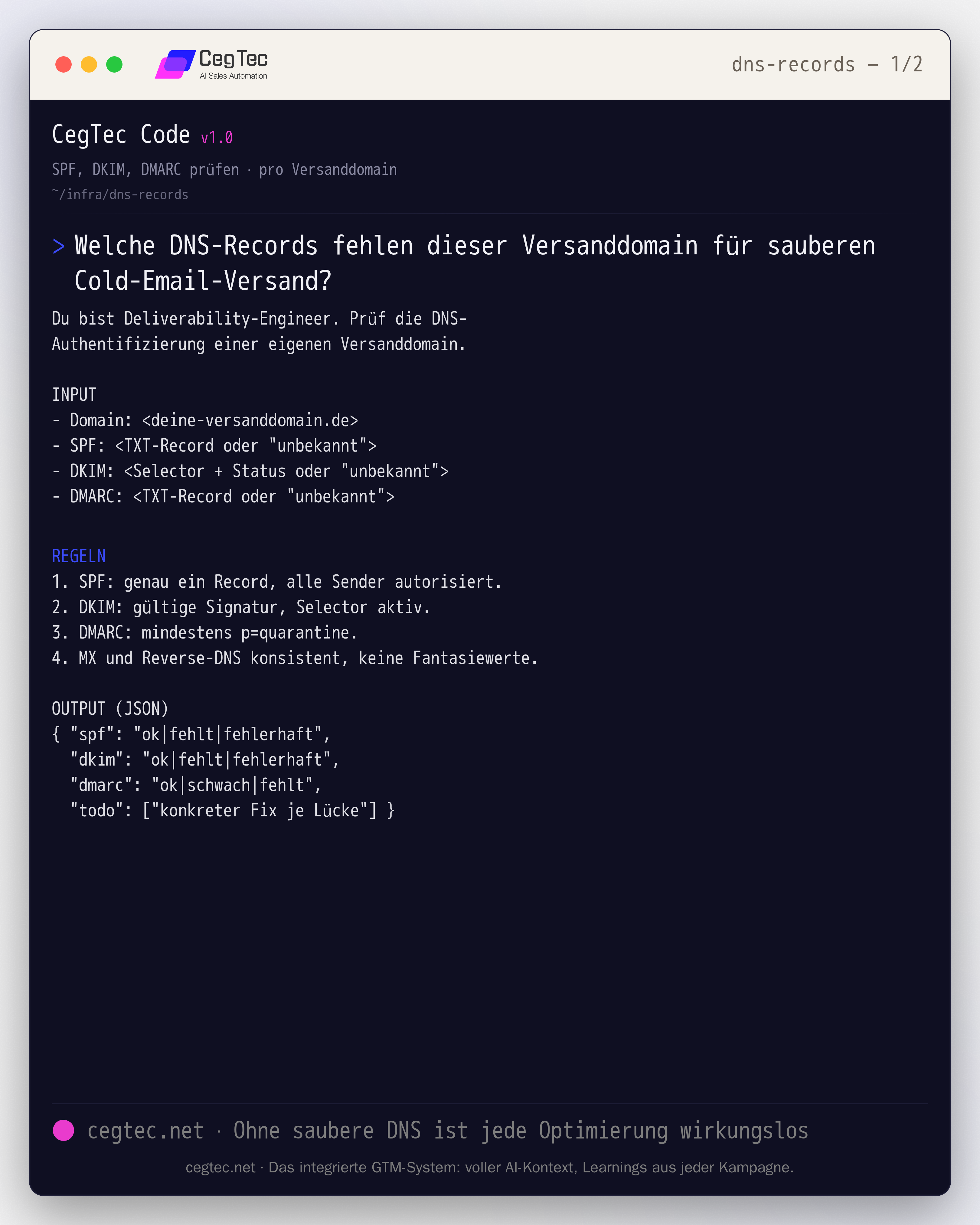 Prompt-Card: DNS-Records-Check fuer SPF, DKIM und DMARC pro Versanddomain