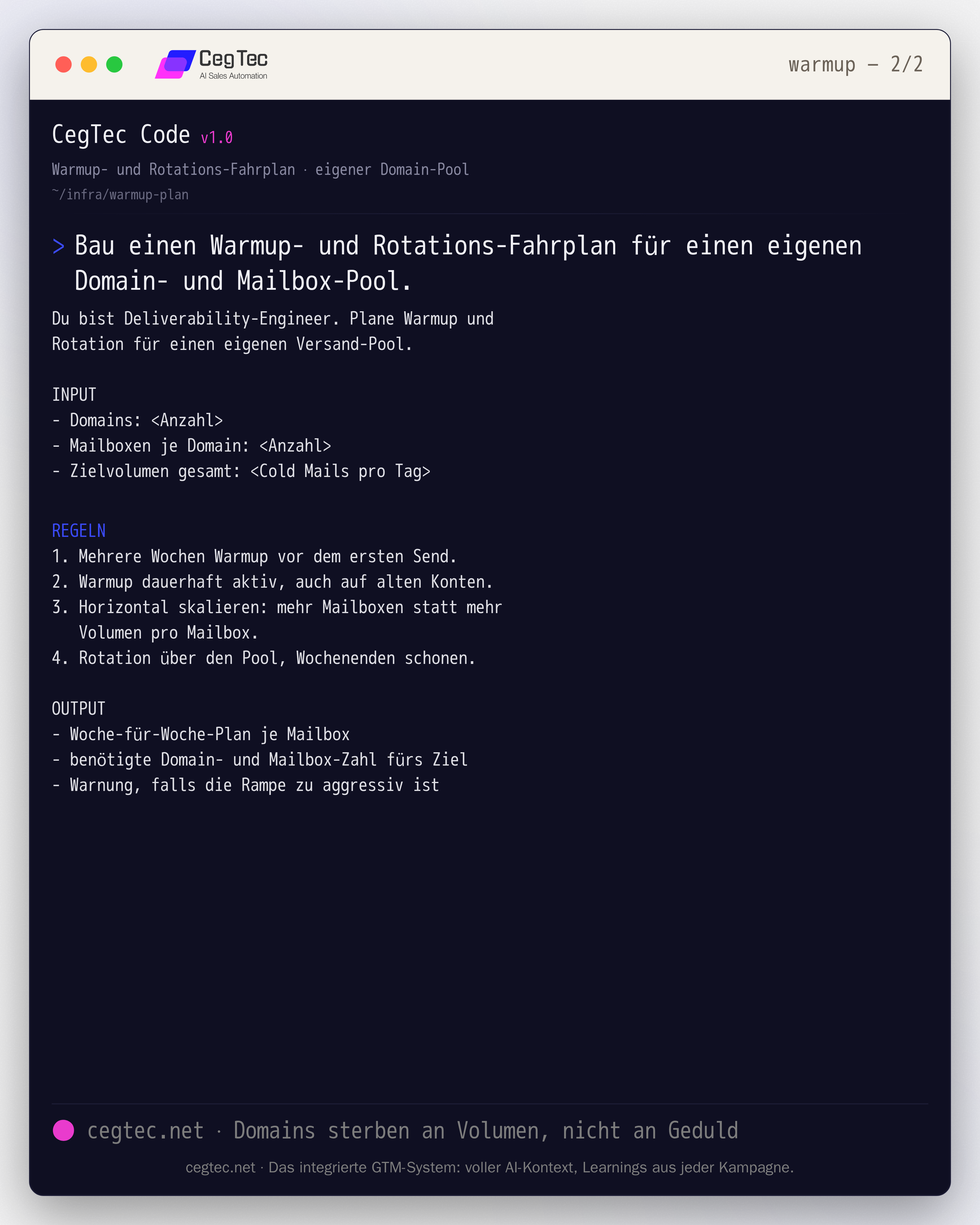Prompt-Card: Warmup- und Rotations-Fahrplan fuer einen eigenen Domain- und Mailbox-Pool