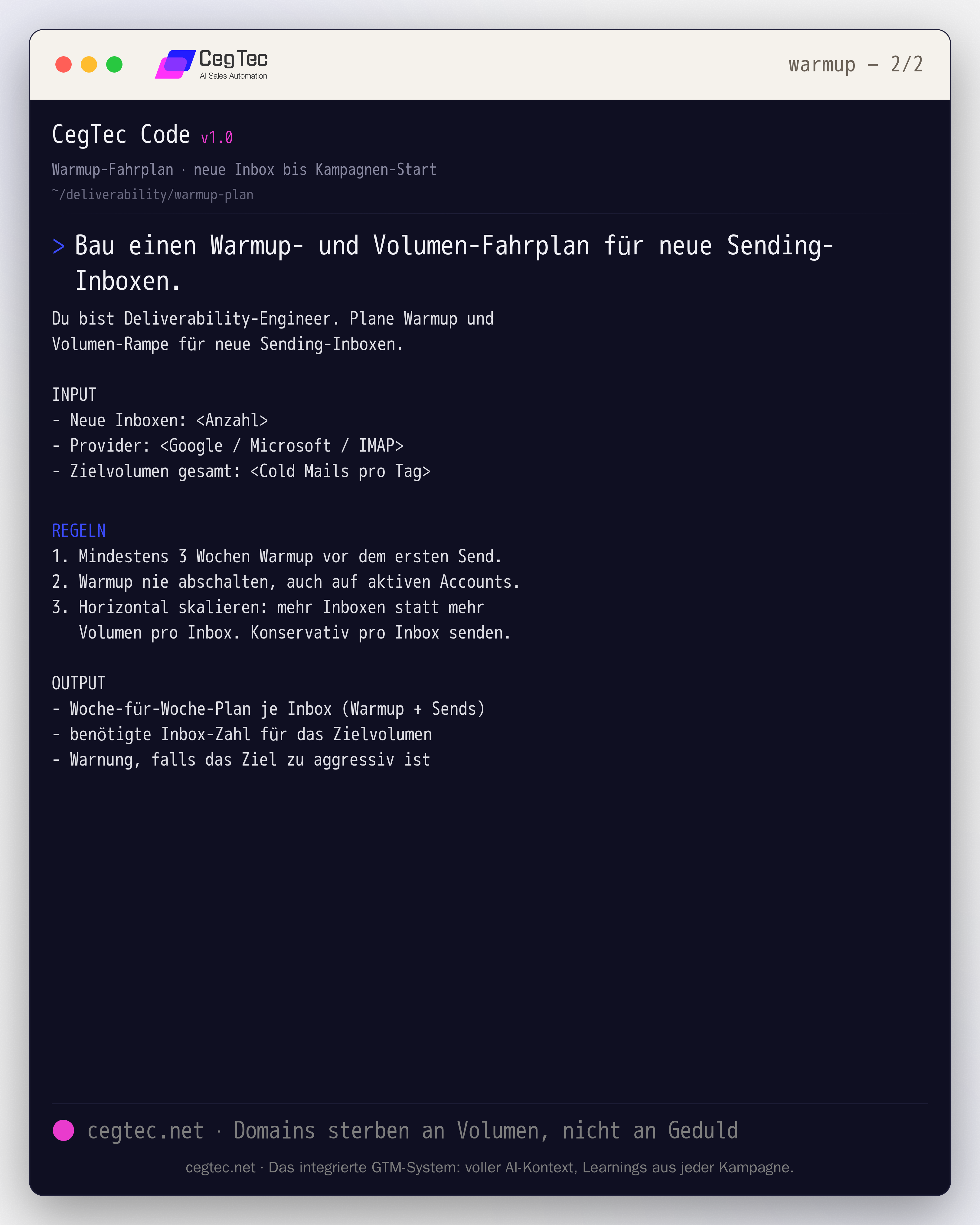 Prompt-Card: Warmup- und Volumen-Fahrplan für neue Sending-Inboxen