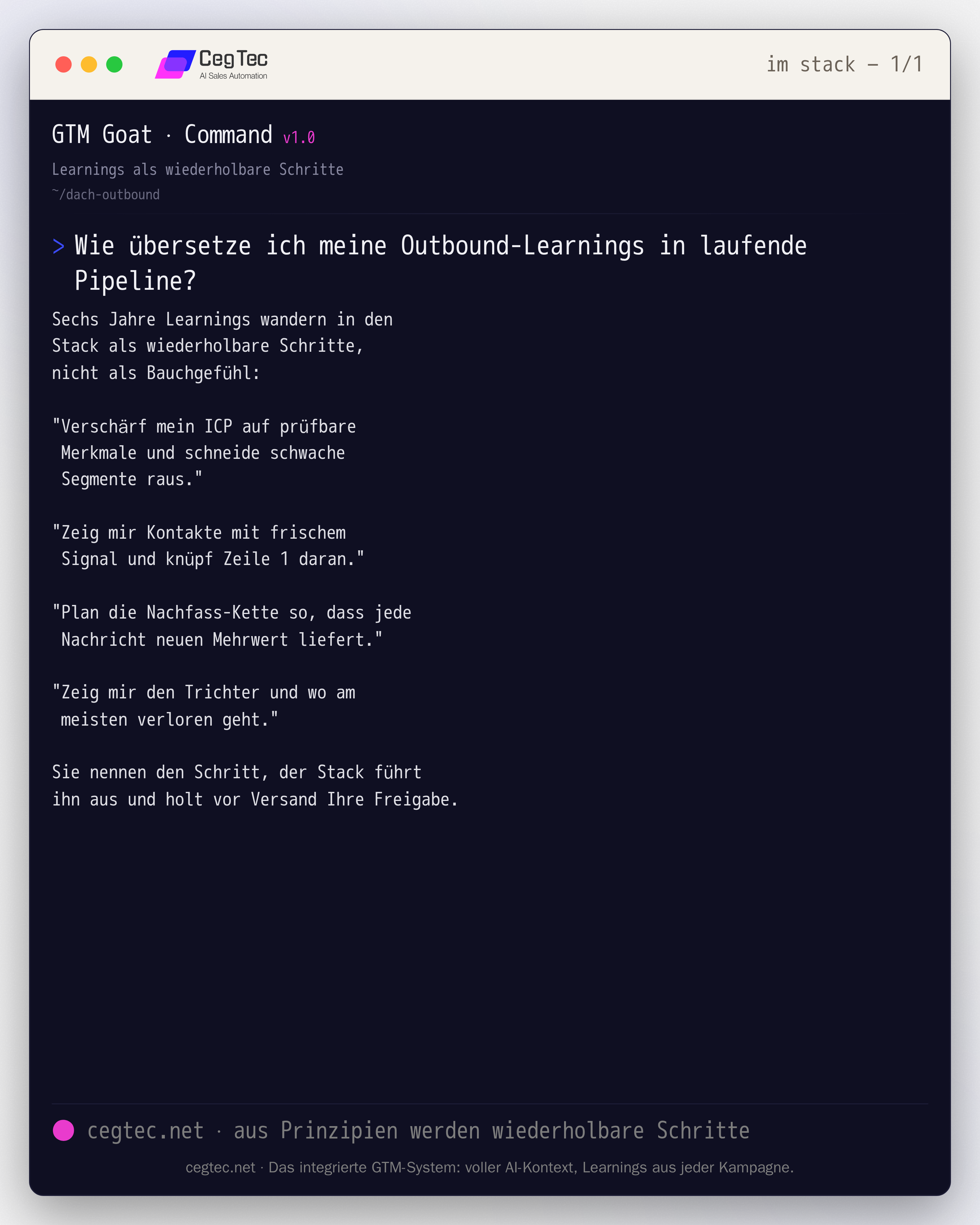 Prompt-Card: sechs Jahre DACH-Outbound-Learnings im GTM-Stack als wiederholbare Command-Schritte statt Bauchgefühl