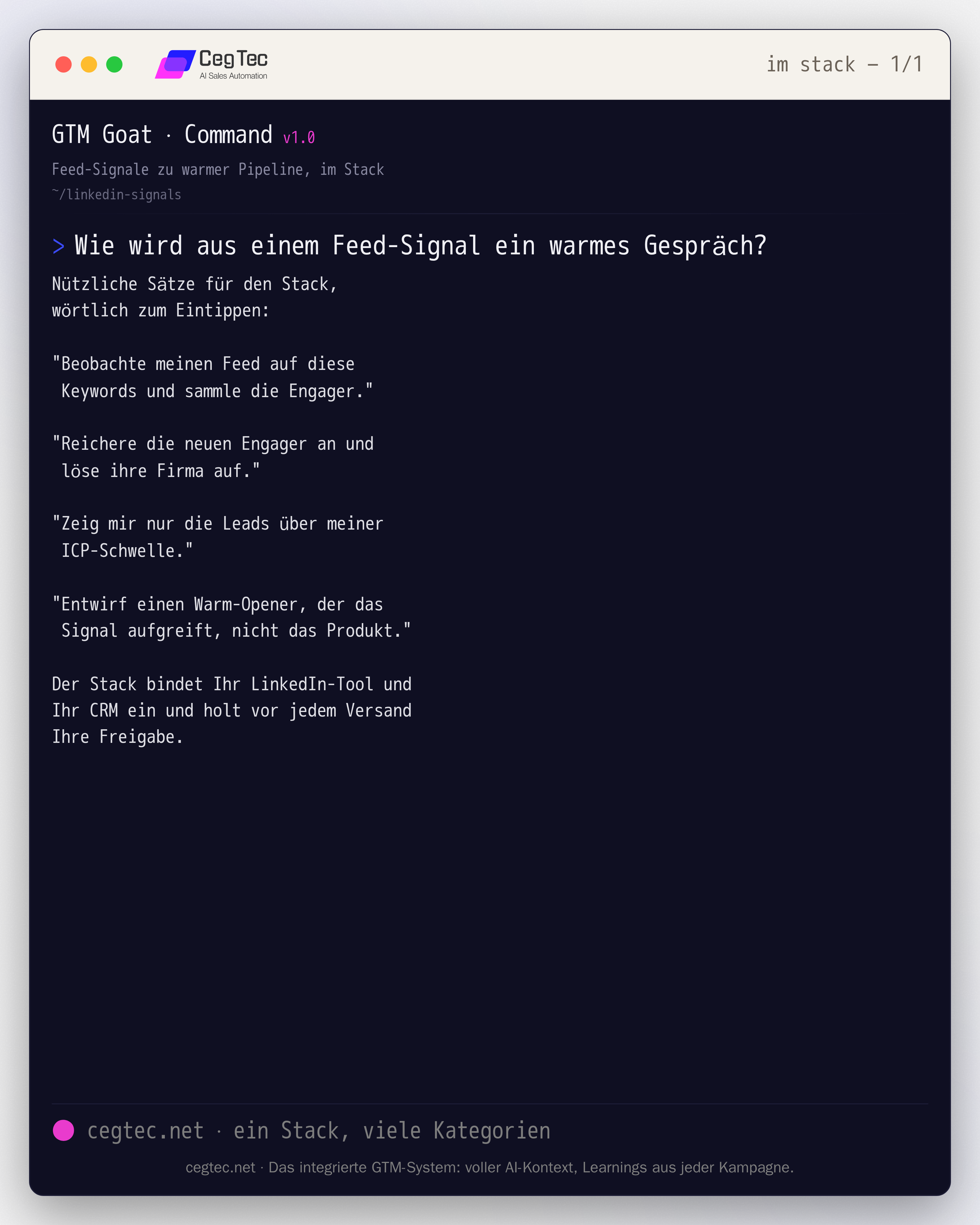 Command-Karte: Feed-Signale im GTM-Stack ueber einfache Saetze zu warmer Pipeline