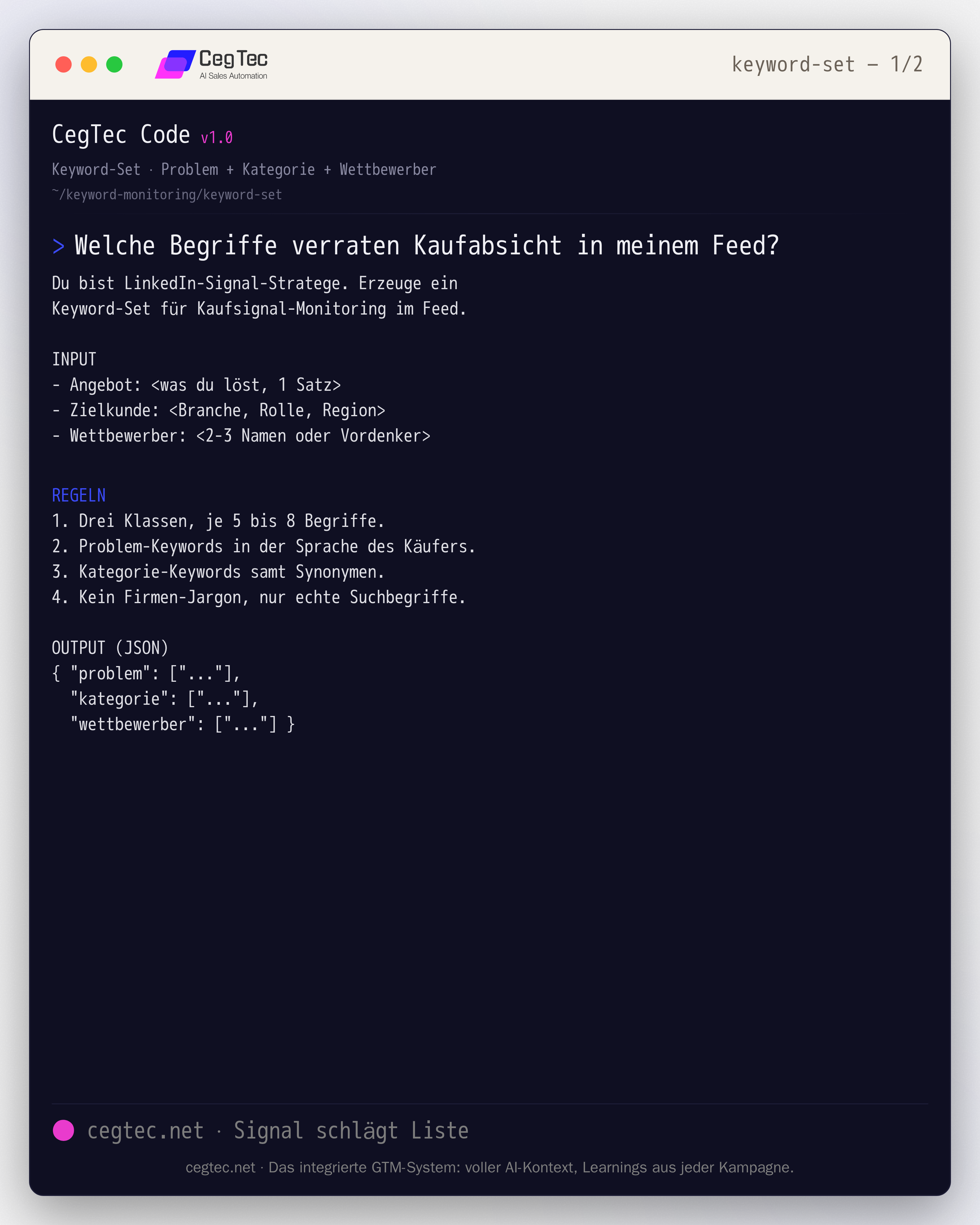 Prompt-Card: Keyword-Set aus Problem-, Kategorie- und Wettbewerber-Begriffen