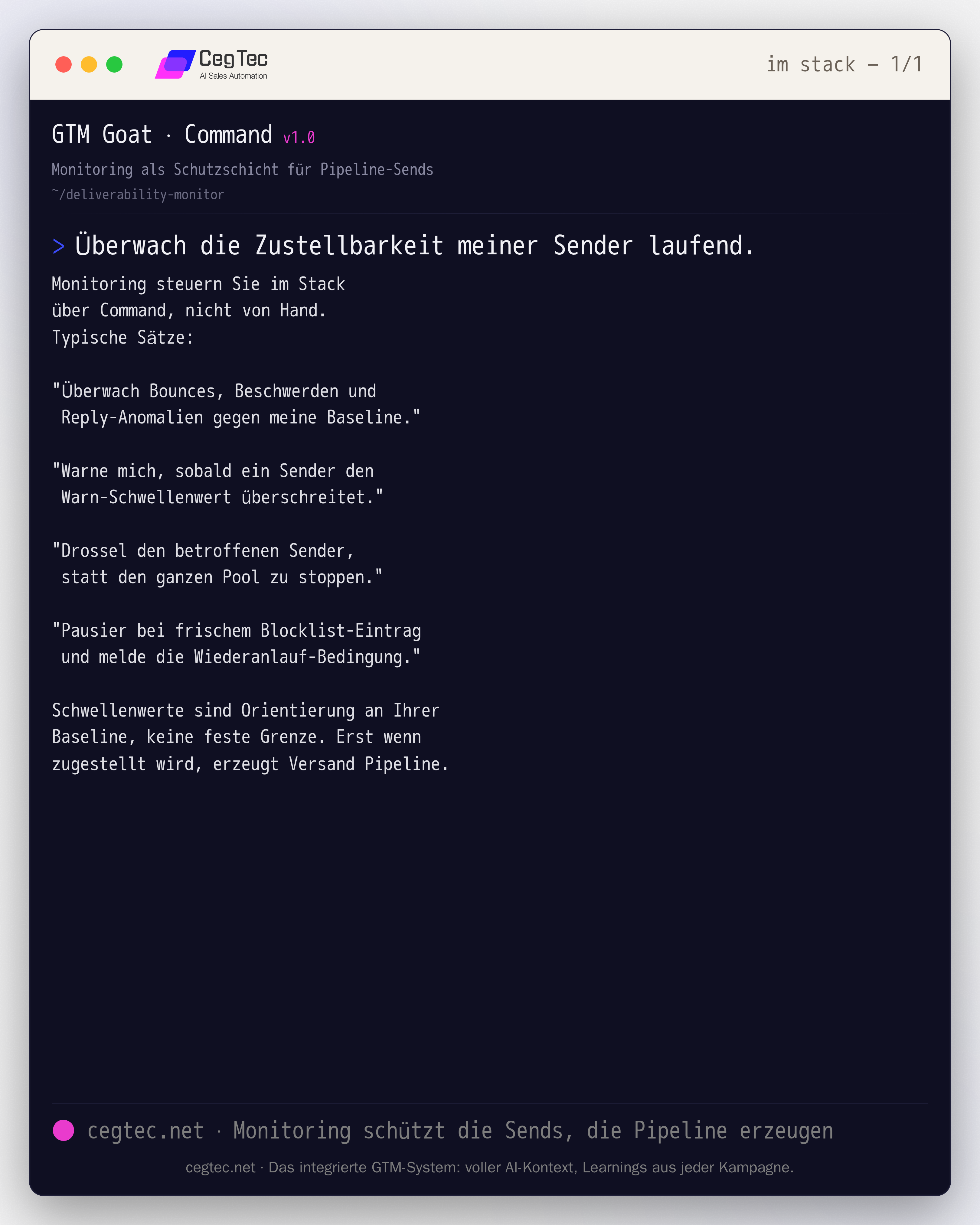 Prompt-Card: Deliverability-Monitoring im GTM-Stack über Command steuern, als Schutzschicht für Pipeline-Sends