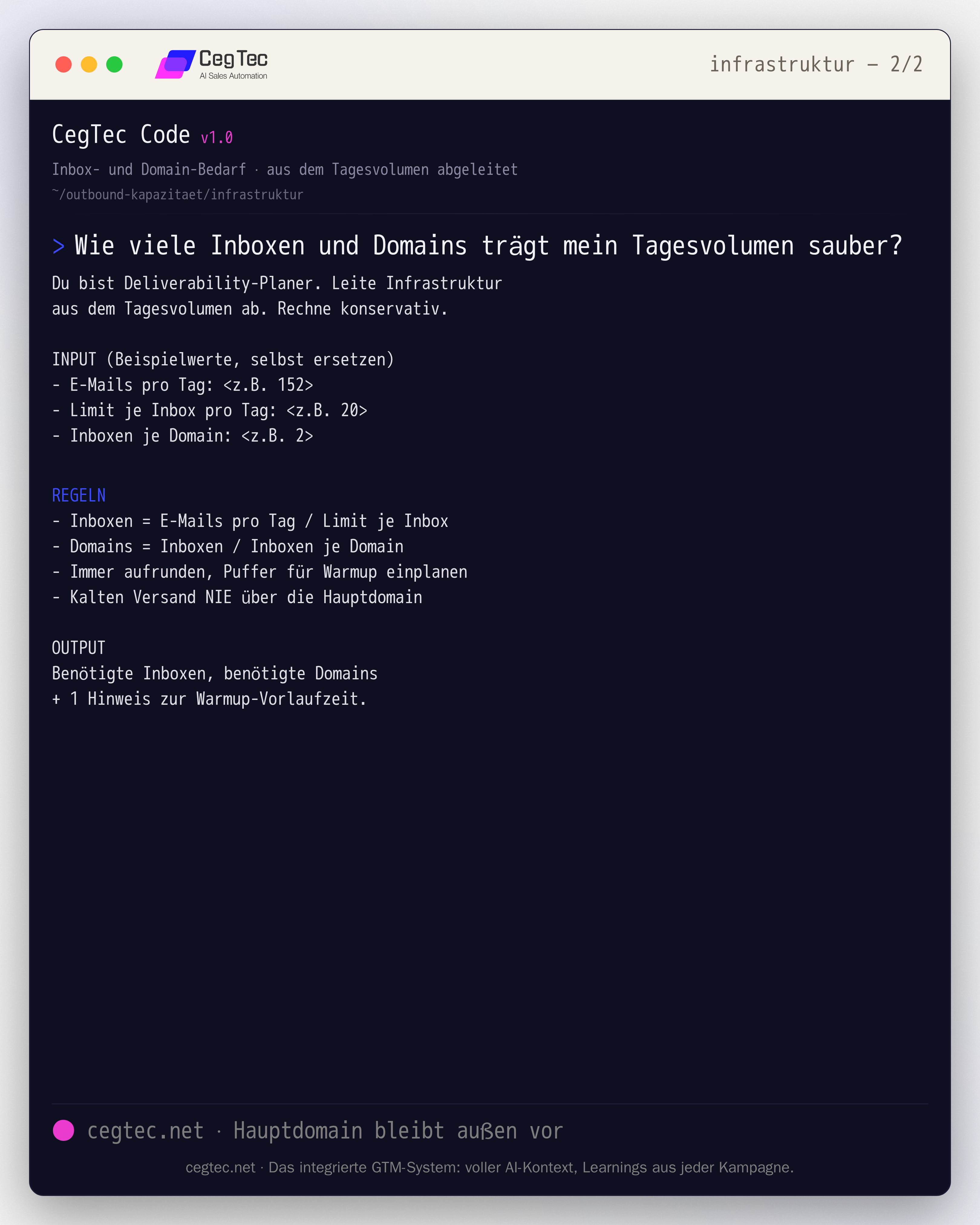 Prompt-Card: Inbox- und Domain-Bedarf aus dem Tagesvolumen ableiten