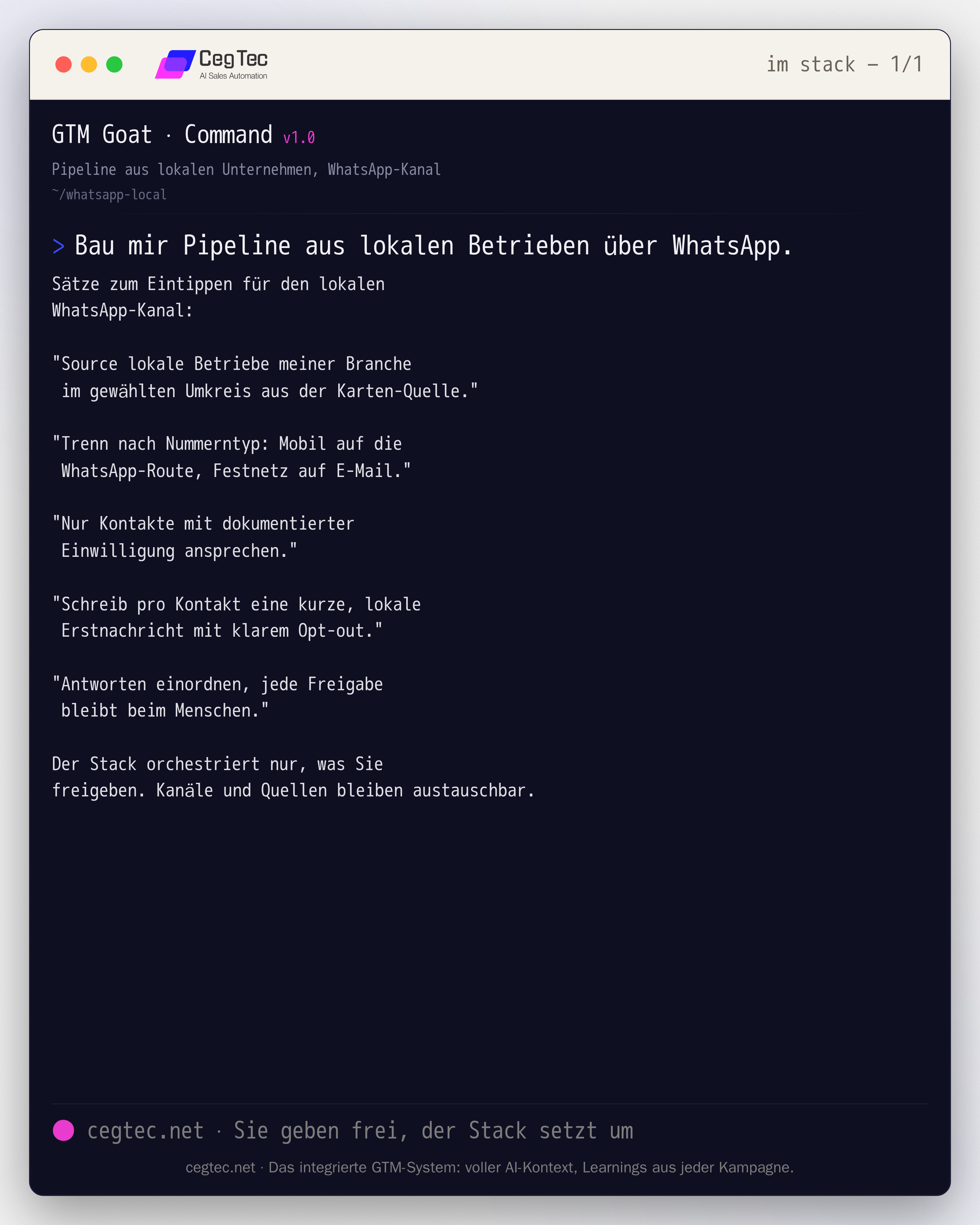 Prompt-Card: mit dem GTM-Stack Pipeline aus lokalen Betrieben über den WhatsApp-Kanal generieren, opt-in-konform und mit Human-Approval