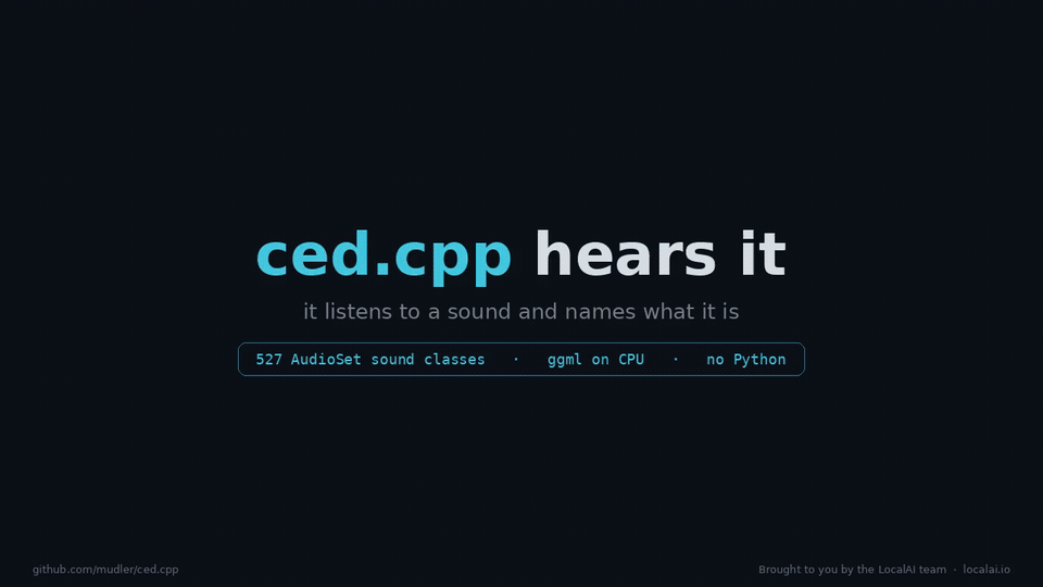 ced.cpp hears three real sounds and names them with confidence on CPU