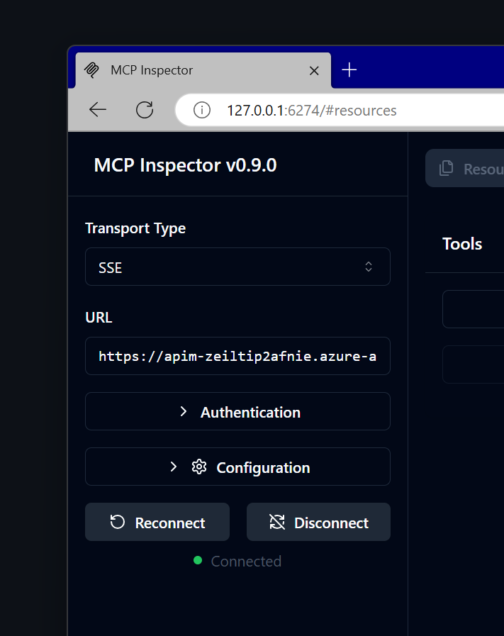 Connected MCP server in MCP Inspector