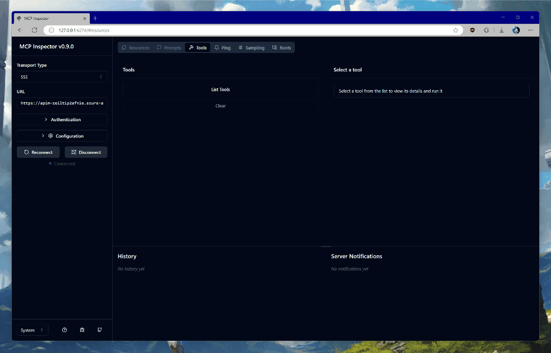 List tools in MCP Inspector and trigger the one that returns user details from Graph