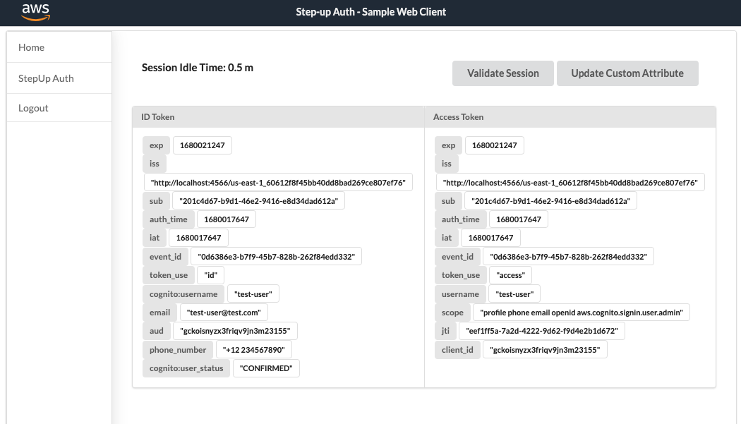 Step-up auth sample web client showcasing the session information after a successful sign-in