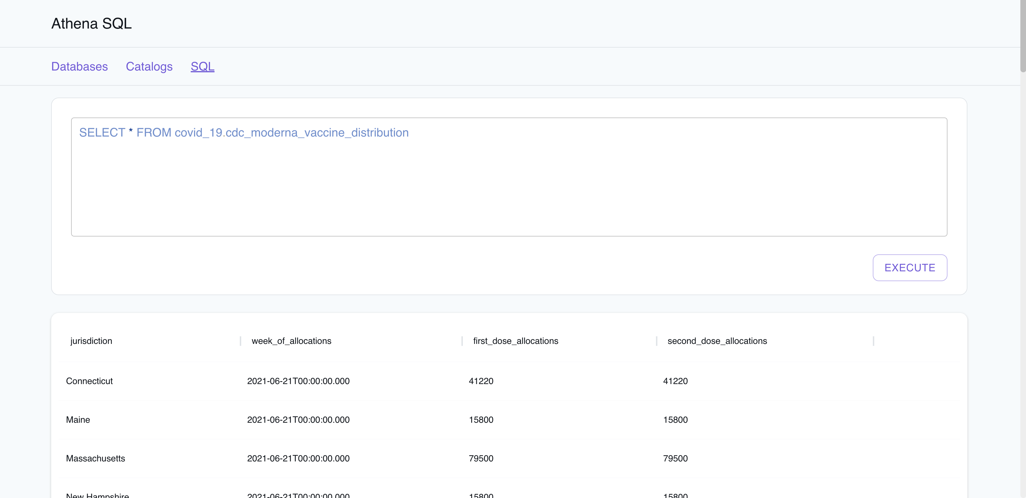 Results of the query in the Athena SQL viewer for the list of Moderna vaccine allocations