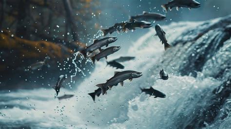 Salmones saltando y nadando río arriba contra la corriente, remontando el río entre rocas y aguas rápidas
