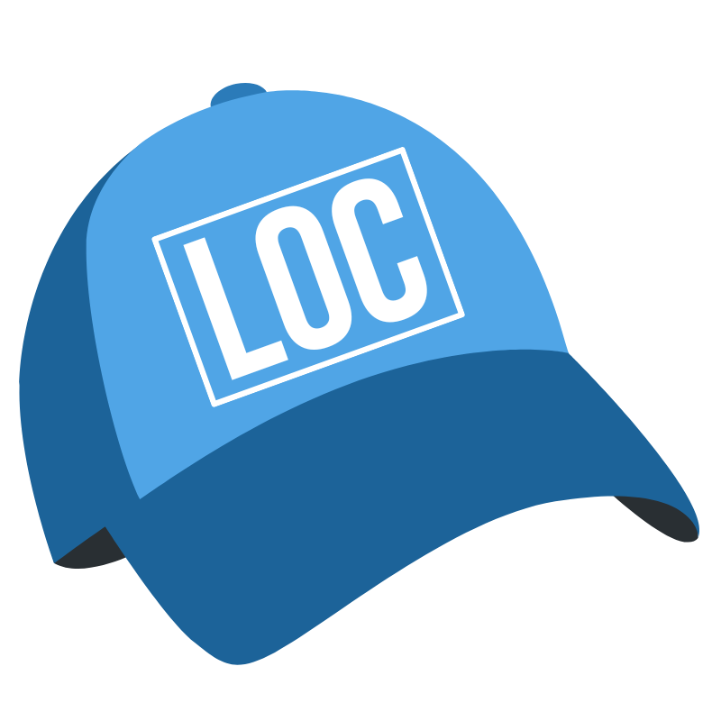 Two toned baseball cap in blue with the phrase Loc in white lettering enclosed in a white square on the crown