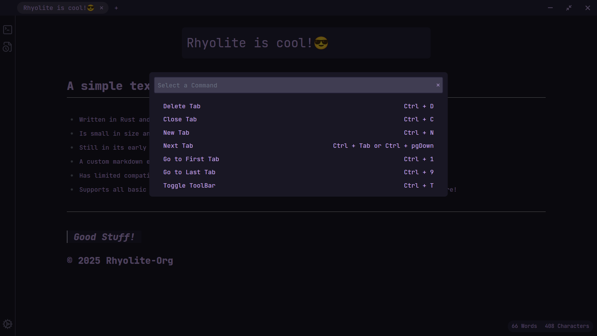 Rhyolite Editor Preview Command Palette