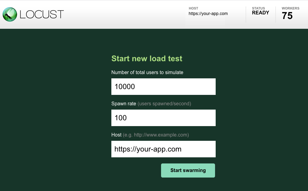 Locust UI start test
