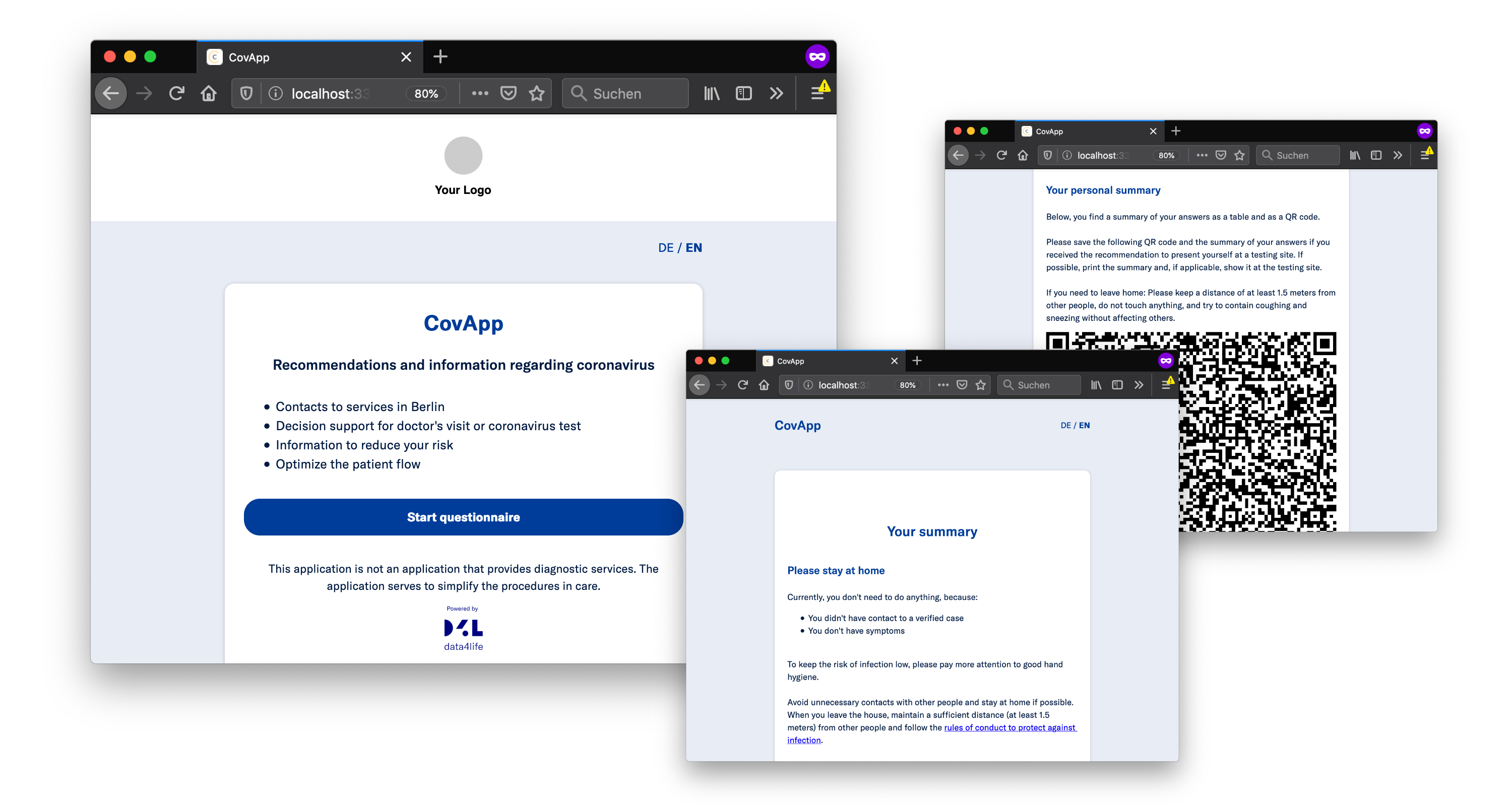 Screenshots of the CovApp showing the start of a questionnaire, the risk assessment and the generated QR code holding the collected information