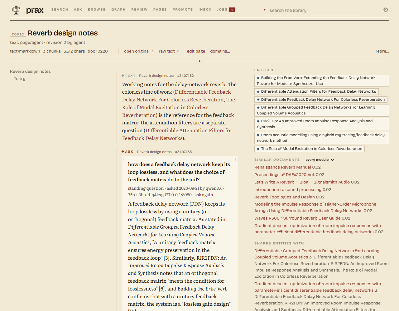 A page of one's own notes with an ask block: the person's prose and links above, the answer below with the question on its rim, the documents the page links and cites beside it