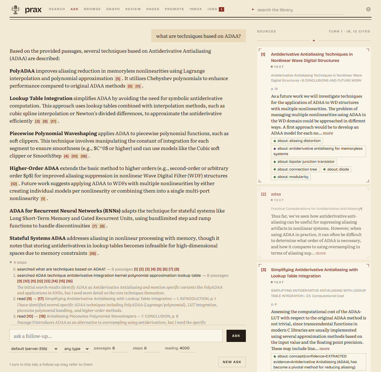 An answer in the web UI with its cited passages beside it and the model's four steps of searching and reading under it