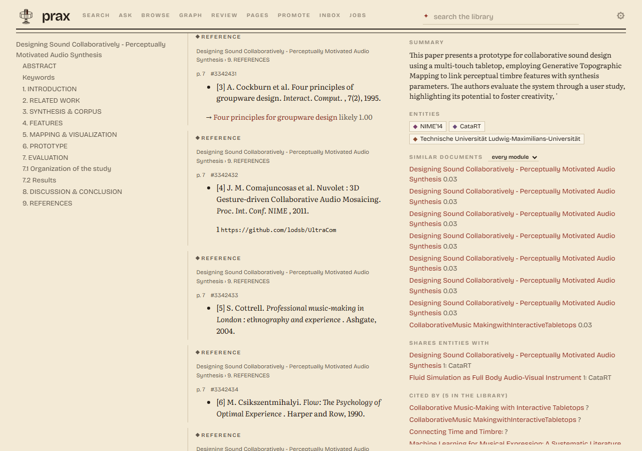 A paper's reference list in the document view: each entry a chunk of its own, and under it the library document it cites, matched by title with its score