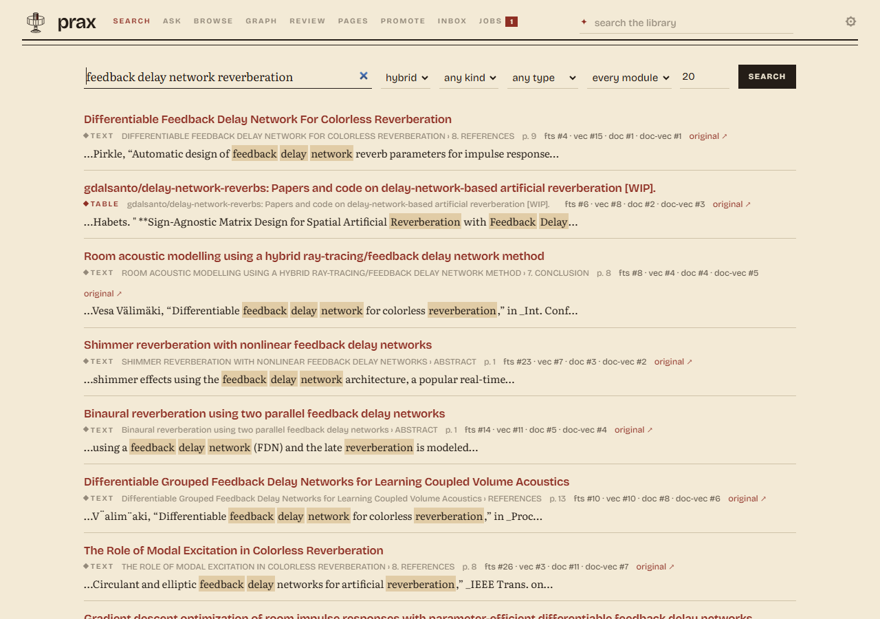 Search results in the web UI, each hit marked with the side that found it