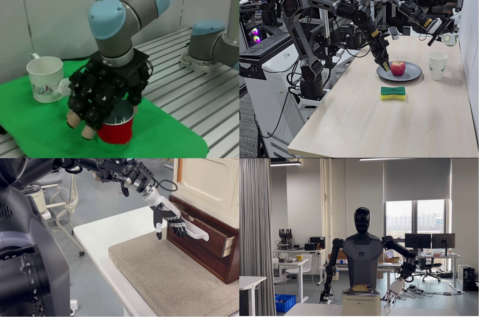 RoboMIND robots performing cup handling, wiping, drawer, and toaster tasks