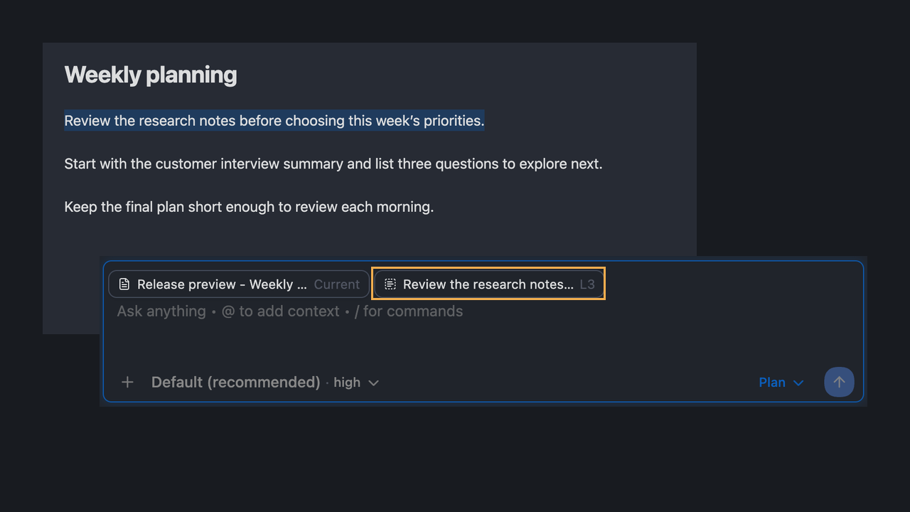 Selected passage in a note behind the Agent Chat composer, with the matching selected-text context badge highlighted
