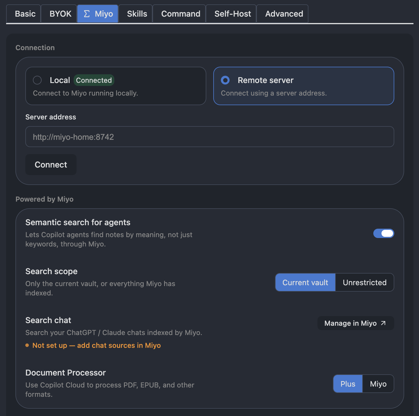 Latest Miyo settings showing the connected Local server, Remote server setup, and Semantic search for agents