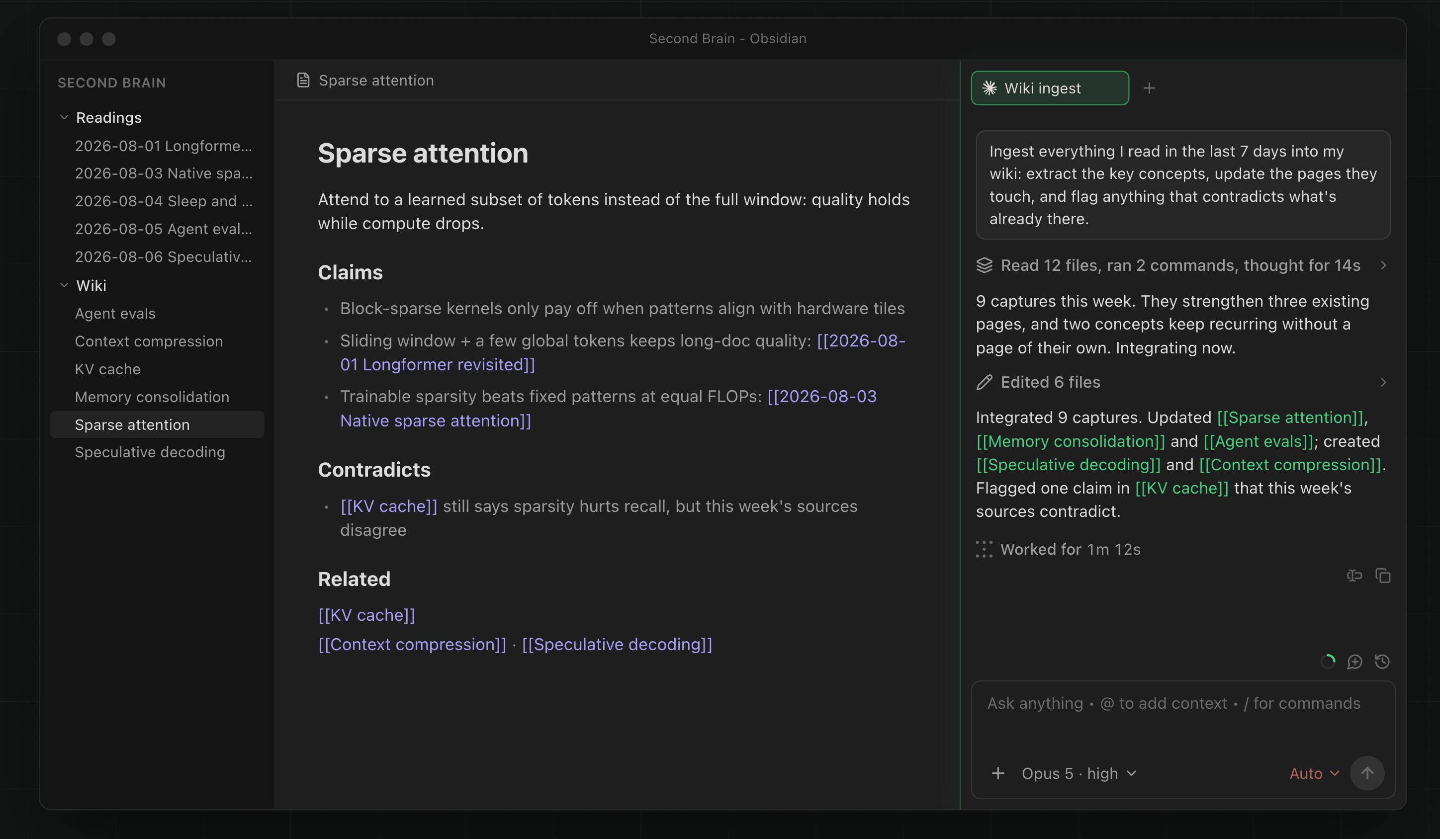 Copilot V4 agent organizing research into connected Obsidian notes