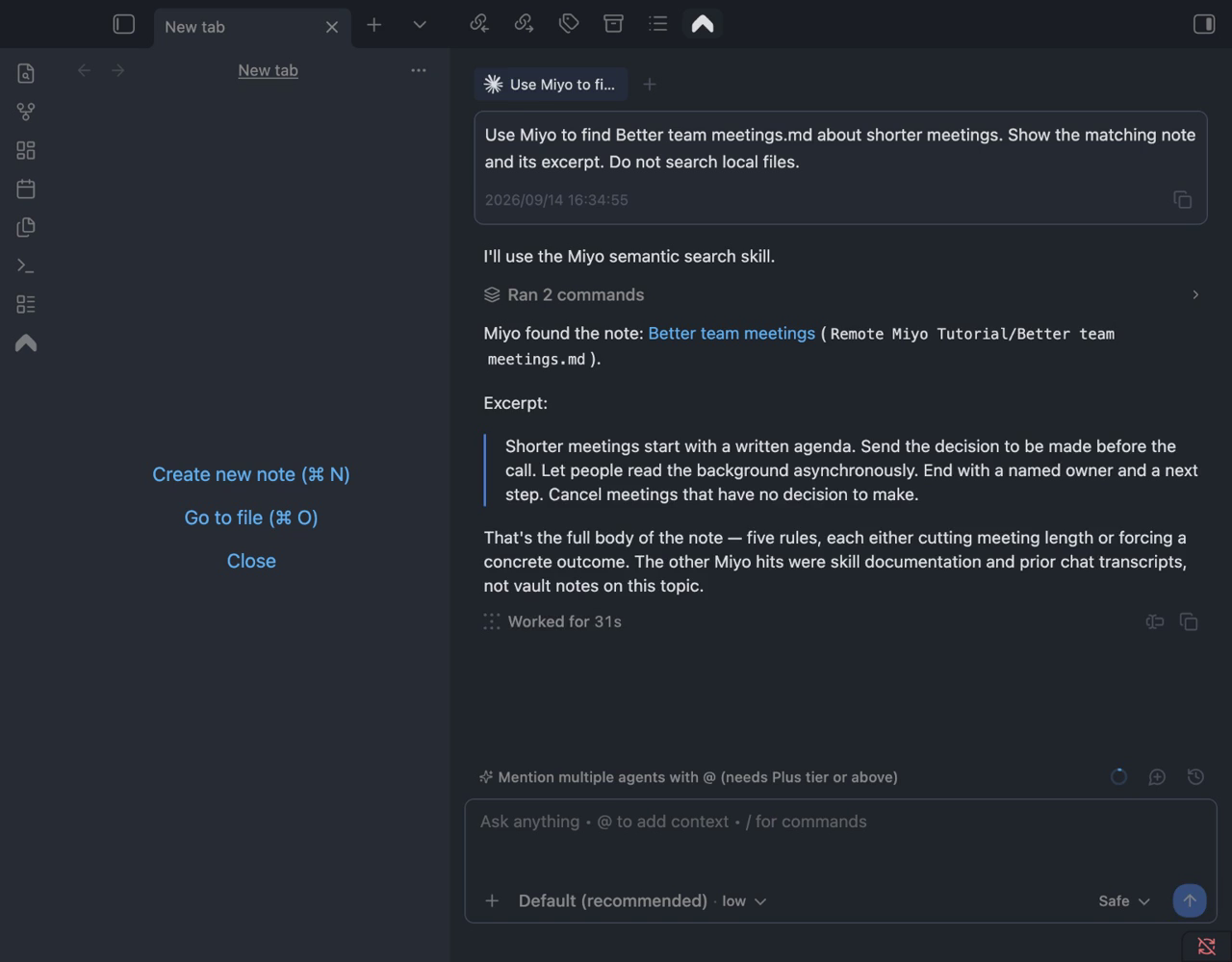 Copilot Agent Chat showing the matching Better team meetings note and its excerpt